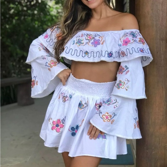 Sequin White Ruffle Two Piece Set - Picture 6 of 6